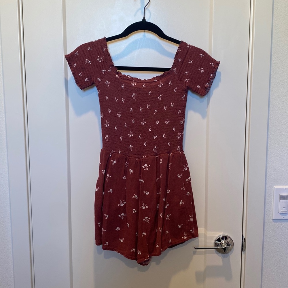 Burgundy Red Lottie Moss Floral Design Short Sleeve Romper